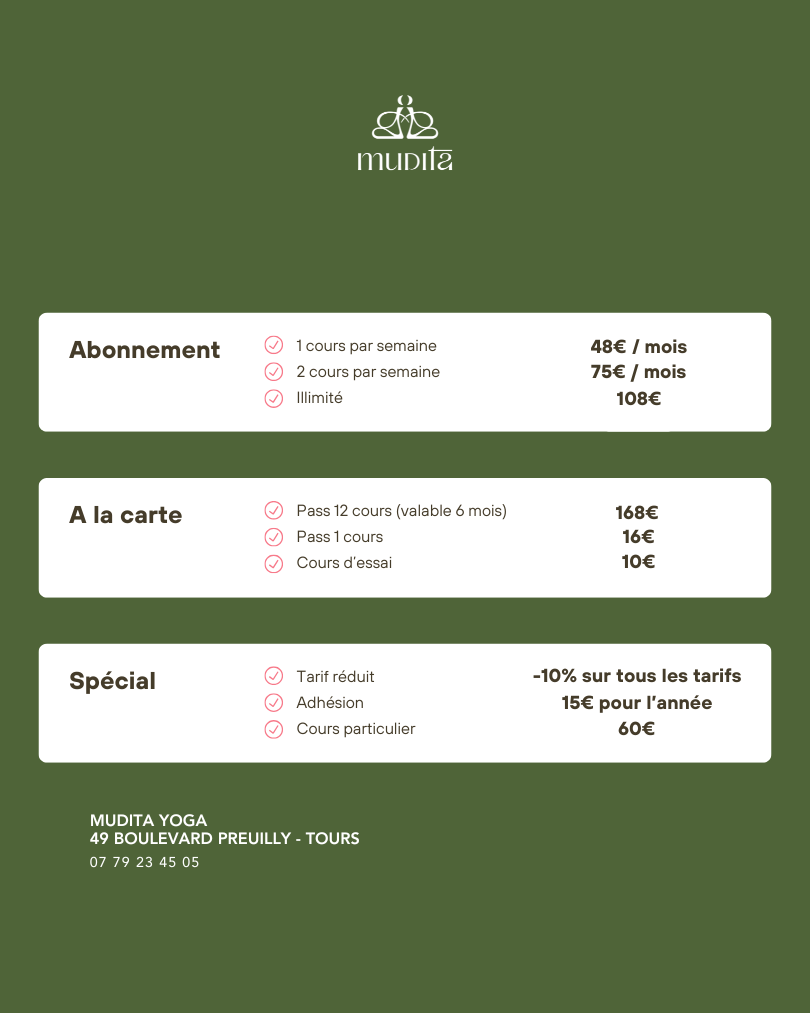Planning des cours de Yoga Muditā à Tours